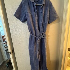 Blue Short Sleeve Jumpsuit with Belt